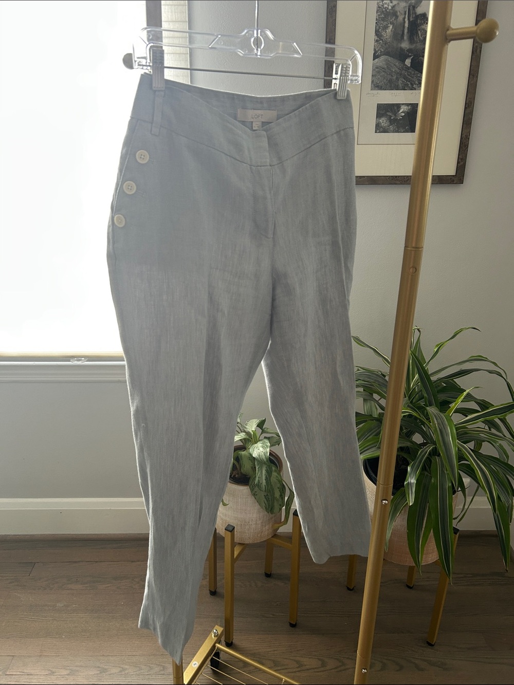 LOFT Light Blue Linen-Blend Cropped Trousers with Side Buttons